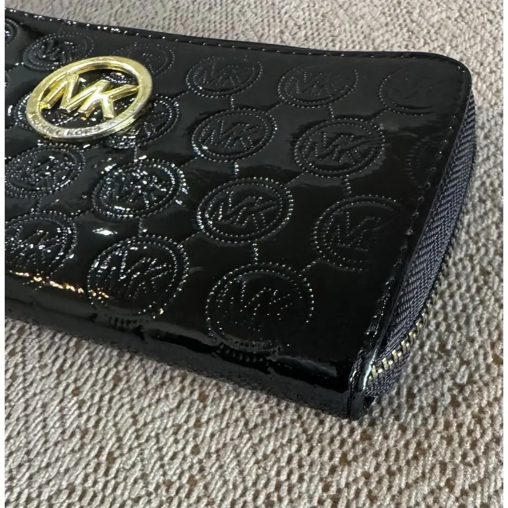 Michael Kors Jet Set Black Patent Leather Zip-Around Wallet Gold Plate MK Logo
